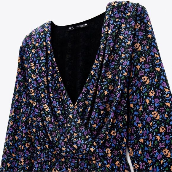 New Zara Floral Long Sleeve Dress Size Medium Color Blue - Picture 3 of 6